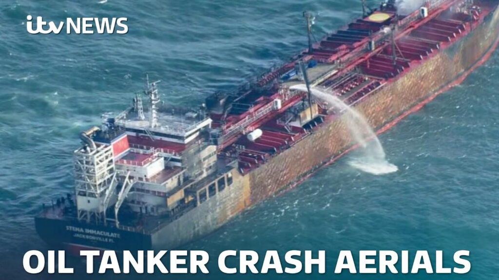 Video shows moment container ship crashes into oil tanker in North Sea