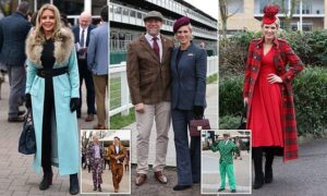 Cheltenham racegoers brave the cold in thigh-skimming outfits and bold headpieces for day two of festival