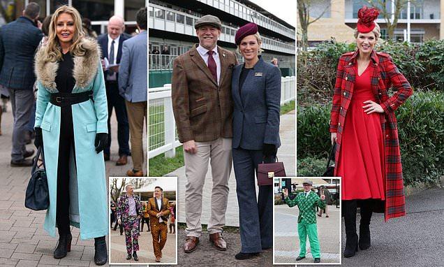 Cheltenham racegoers brave the cold in thigh-skimming outfits and bold headpieces for day two of festival