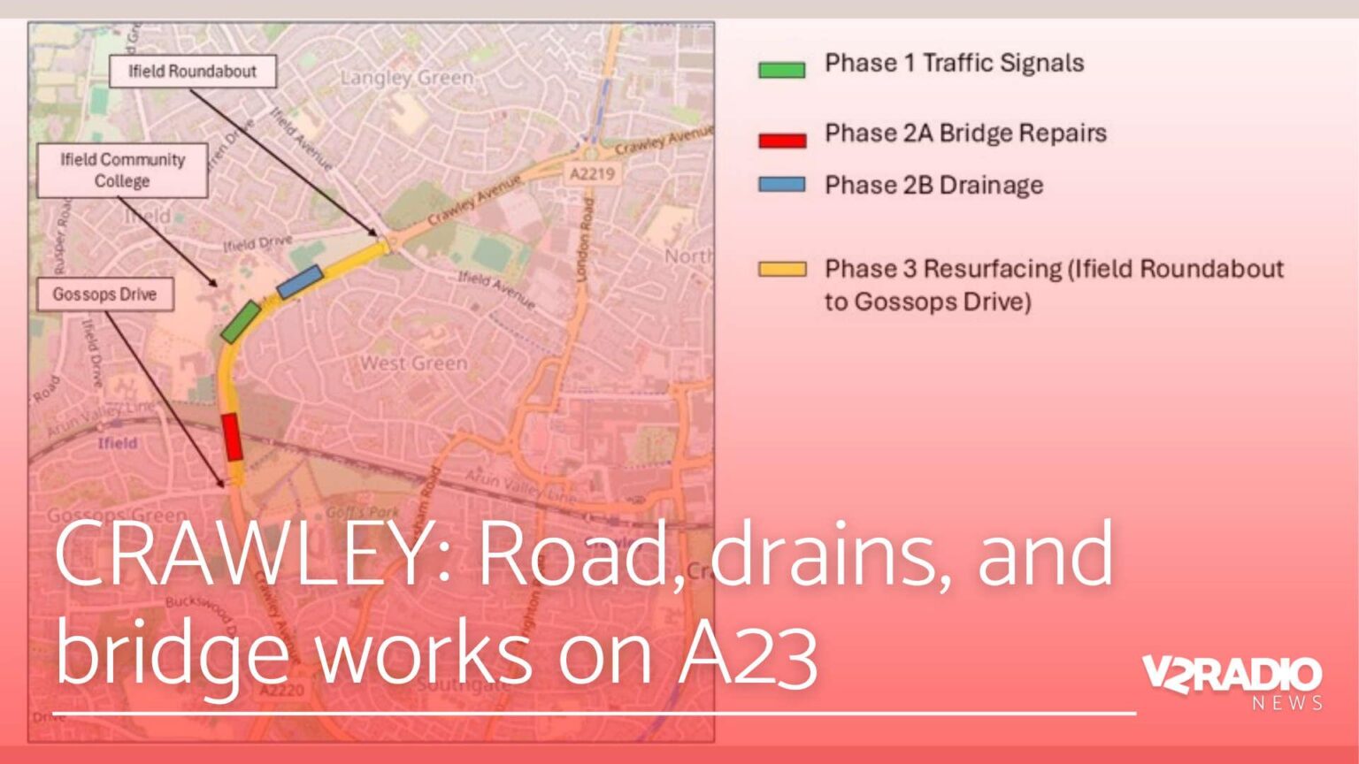 Essential road, drains and bridge maintenance works on the A23 in Crawley starts in July – West Sussex County Council