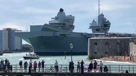 Royal Navy aircraft carrier departs from Portsmouth after upgrade – BBC